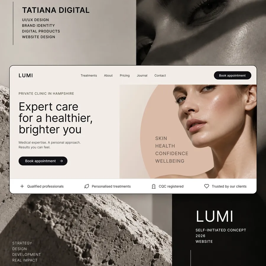 LUMI clinic website — home page with the booking button in the header
