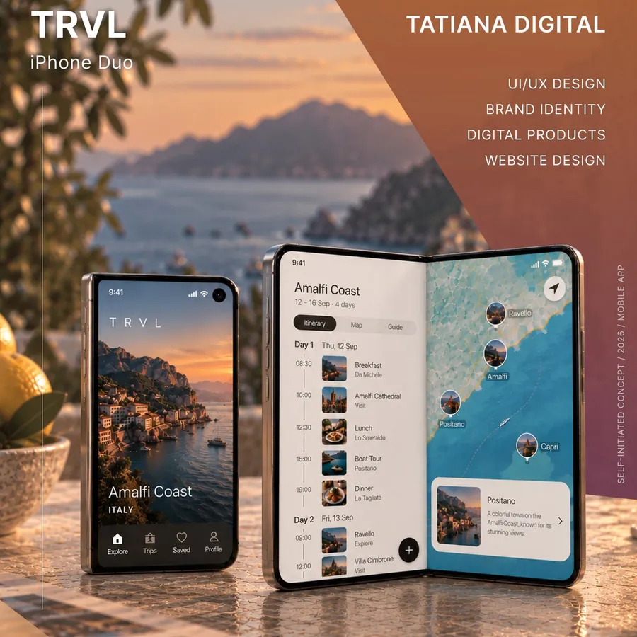 TRVL travel app on iPhone Duo — closed cover screen and open split view with itinerary and map