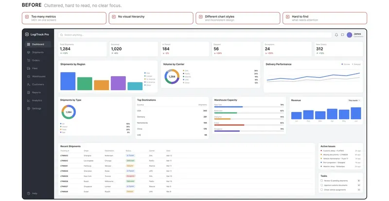 Before: a cluttered logistics dashboard with more than 40 metrics, mixed chart styles and no clear focus