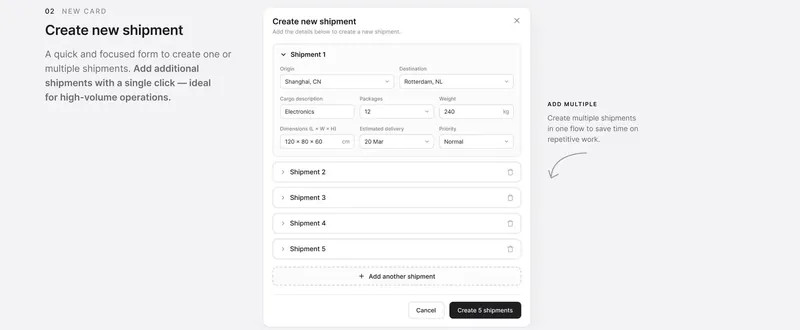 FLUX create new shipment form with five shipments added in one flow and a button to create them all