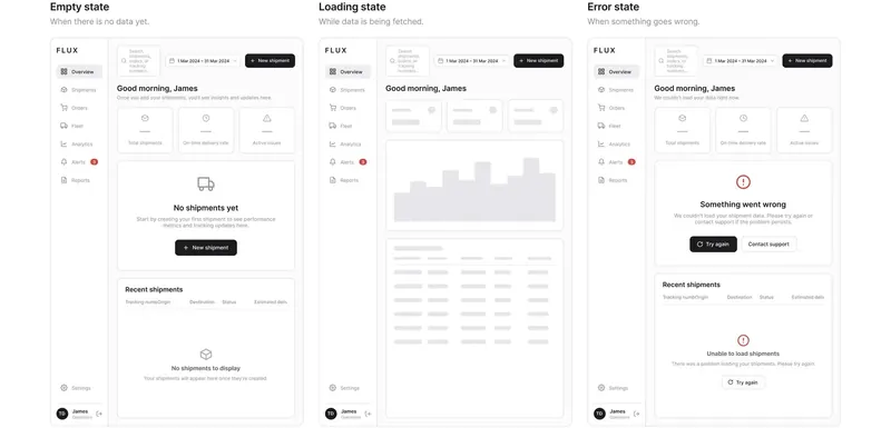 FLUX empty, loading and error states for the dashboard