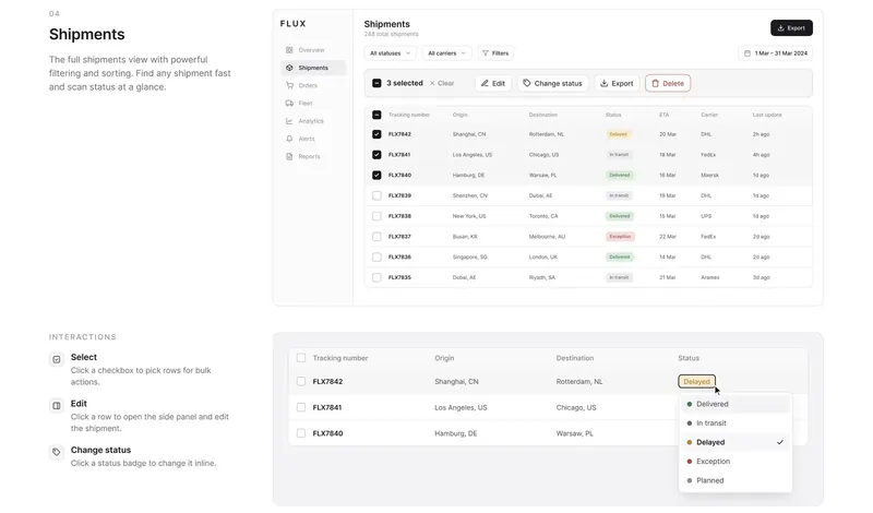 FLUX shipments table with filters, three selected rows, bulk actions and an inline status dropdown