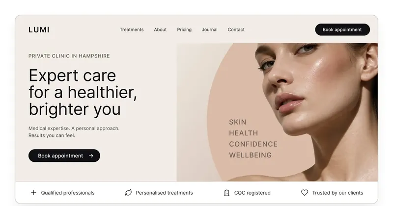 LUMI clinic website home page: headline “Expert care for a healthier, brighter you”, booking button in the header and a trust bar with CQC registration