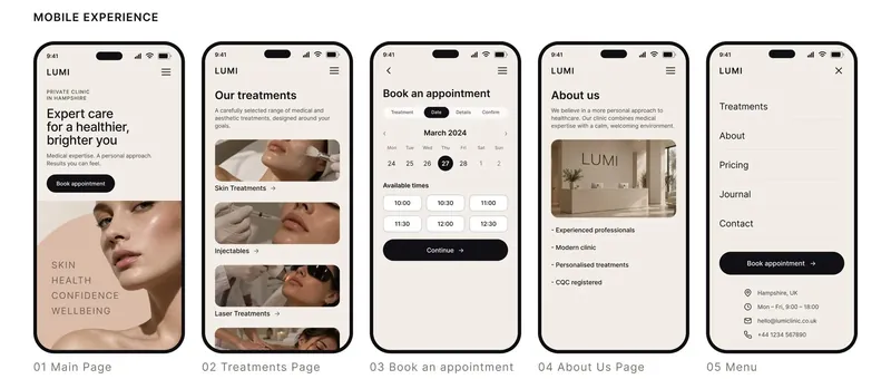 LUMI mobile screens: home, treatments, booking calendar with time slots, about us and the menu with contact details