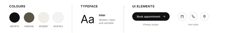 LUMI style: colour palette, Inter typeface and UI elements including the primary booking button and icon style
