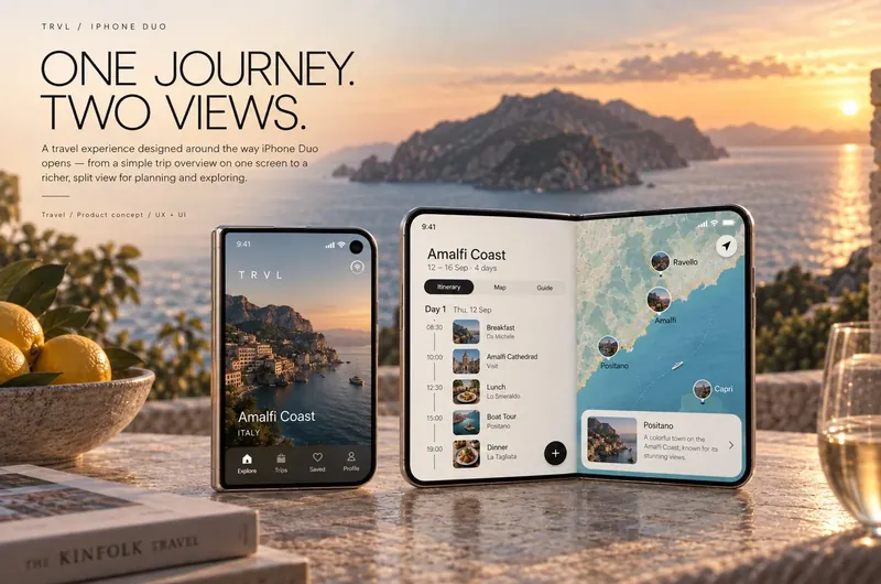 TRVL app on iPhone Duo: the closed cover screen showing Amalfi Coast and the open screen with itinerary and map side by side